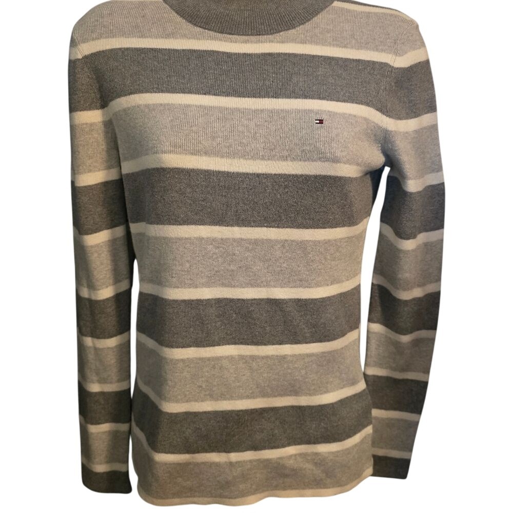 Tommy Hilfiger Womens Striped Cotton Knit Sweater Grey White‎ 76J0416 Size S